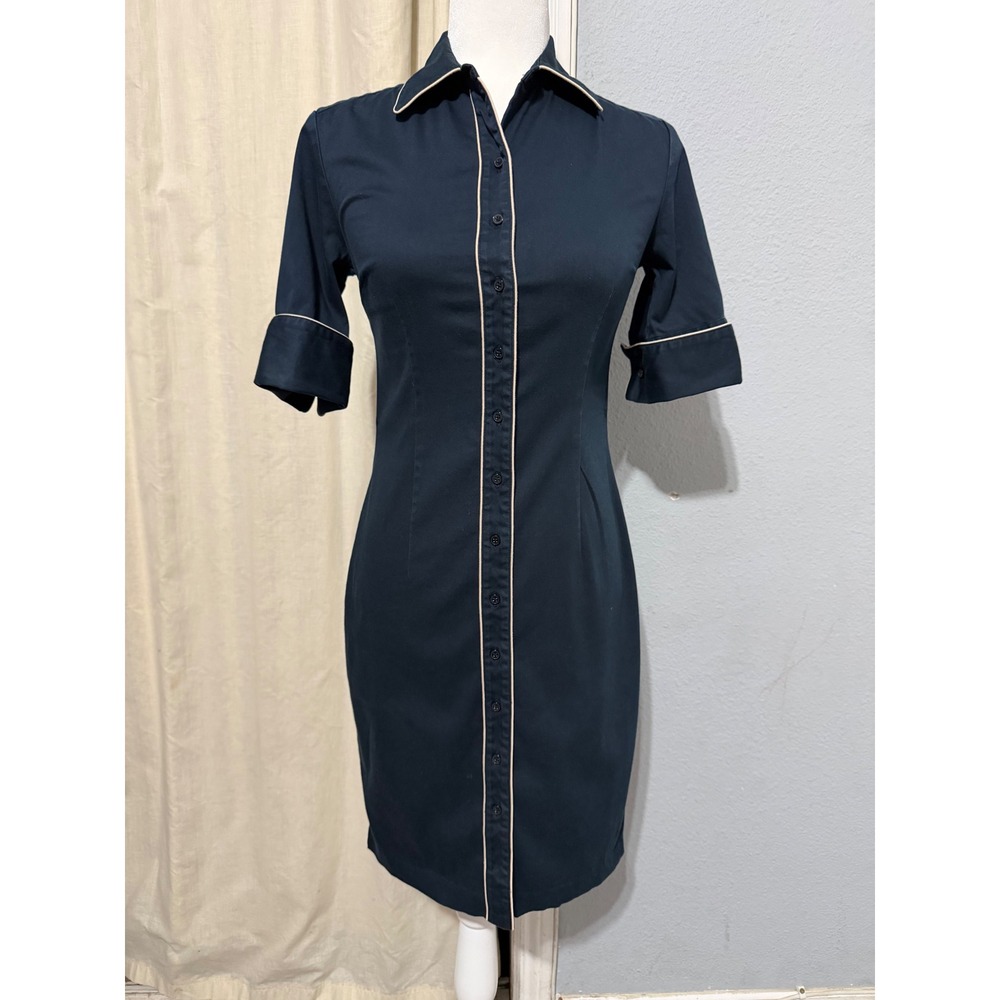 Express Stretch Shirt Dress Size 3/4 Navy Blue Short Sleeve Button Front Piping